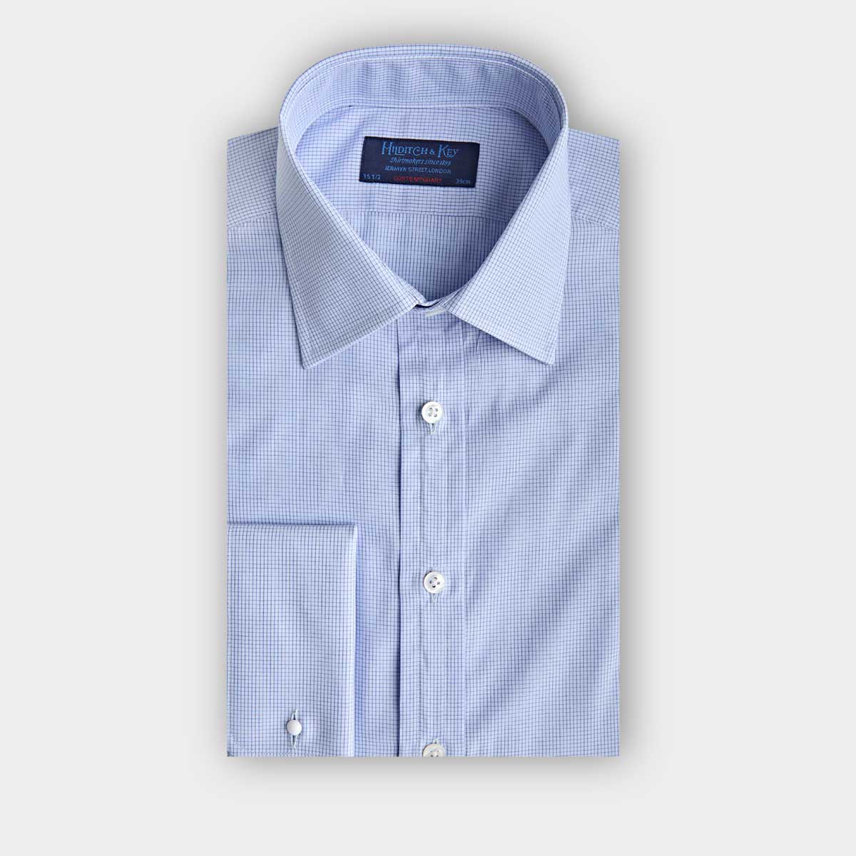Contemporary Fit Light Fine Check Cotton Shirt With Classic Collar Double Cuff