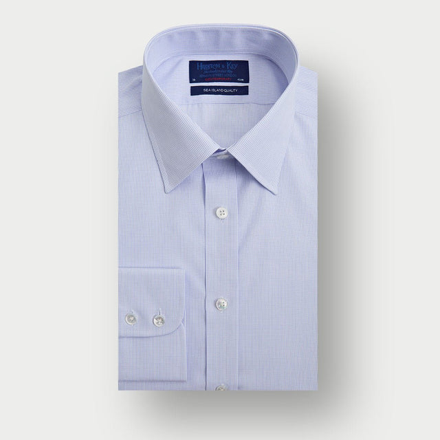 Contemporary Fit Light Blue Fine Check Sea Island Quality Cotton Shirt with Classic Collar & Two Button Cuff
