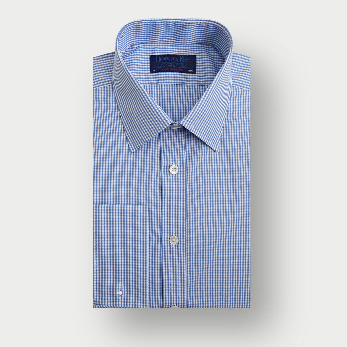Contemporary Fit Light Gingham Check Cotton Shirt With Classic Collar Double Cuff