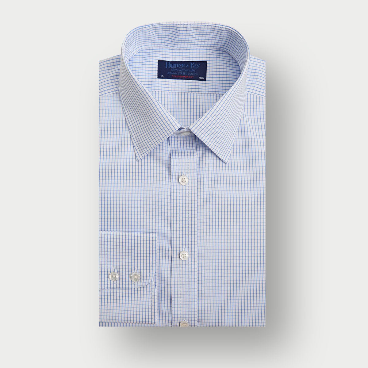 Contemporary Fit Light Grid Check Cotton Shirt With Classic Collar Two Button Cuff