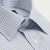 Contemporary Fit Light Navy Check Cotton Twill Shirt With Classic Collar Two Button Cuff