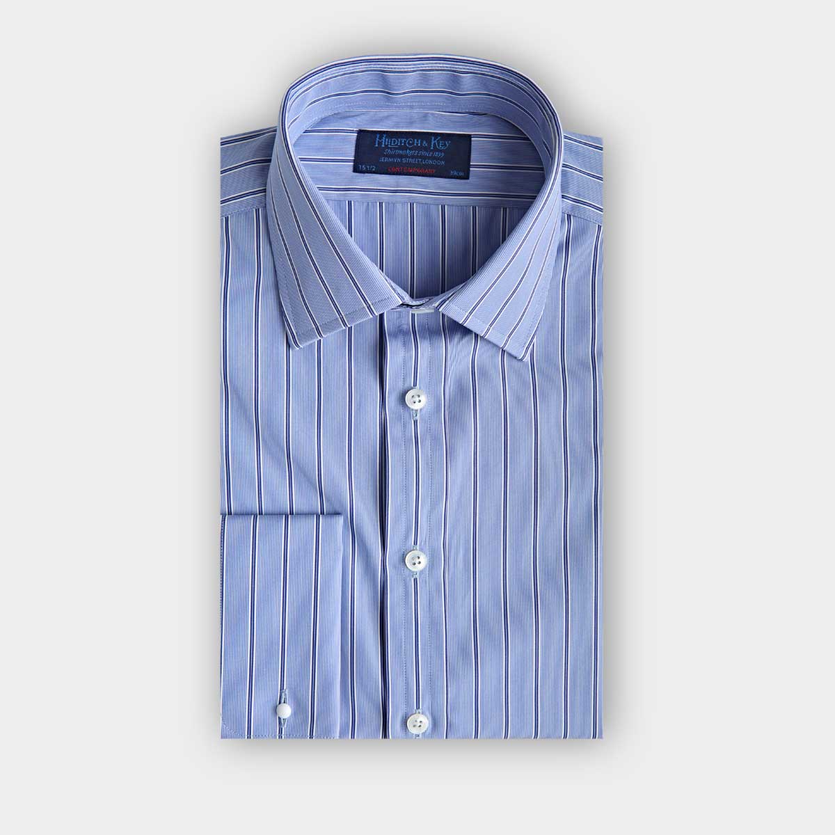 Contemporary Fit Light Navy Fine Stripe Cotton Shirt With Classic Collar Double Cuff