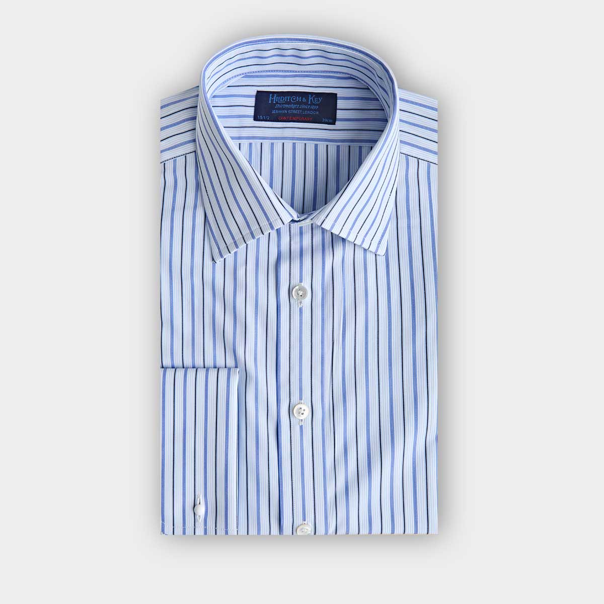 Contemporary Fit Light Navy Multi Stripe Cotton Shirt With Classic Collar Double Cuff