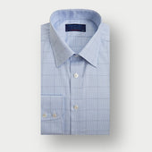 Contemporary Fit Light Blue & Navy Prince of Wales Check Cotton Shirt with Classic Collar & Two Button Cuff