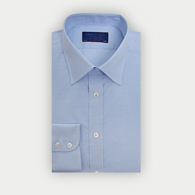 Contemporary Fit Light Blue Small Gingham Check Cotton Shirt with Classic Collar & Two Button Cuff