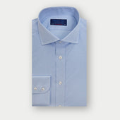 Contemporary Fit Light Blue Small Gingham Check Cotton Shirt with Cut-Away Collar and Two Button Cuff