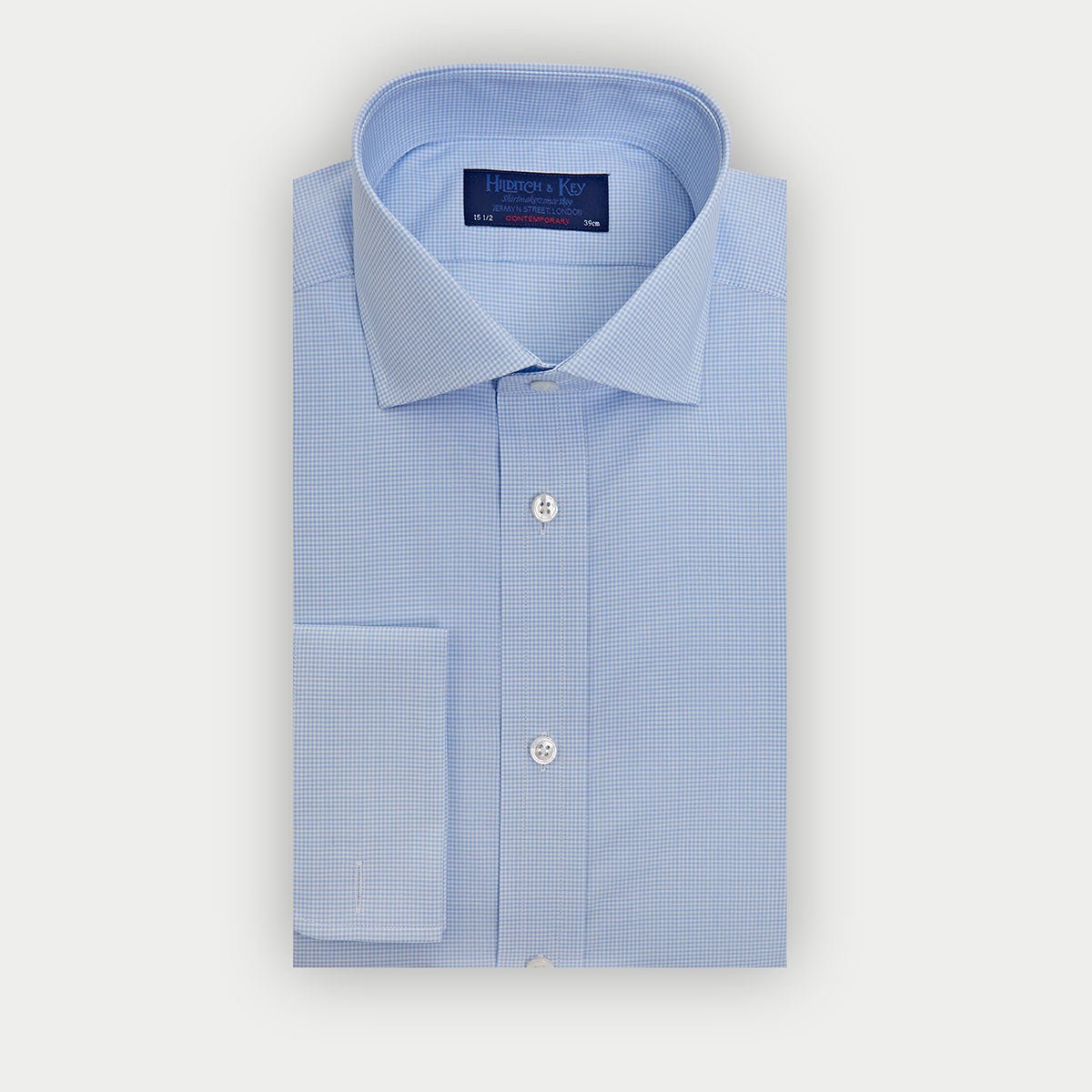 Contemporary Fit Light Small Gingham Check Cotton Shirt With Cut Away Collar Double Cuff
