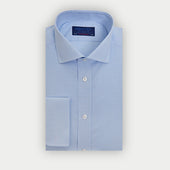 Contemporary Fit Light Blue Small Gingham Check Cotton Shirt with Cut-Away Collar & Double Cuff