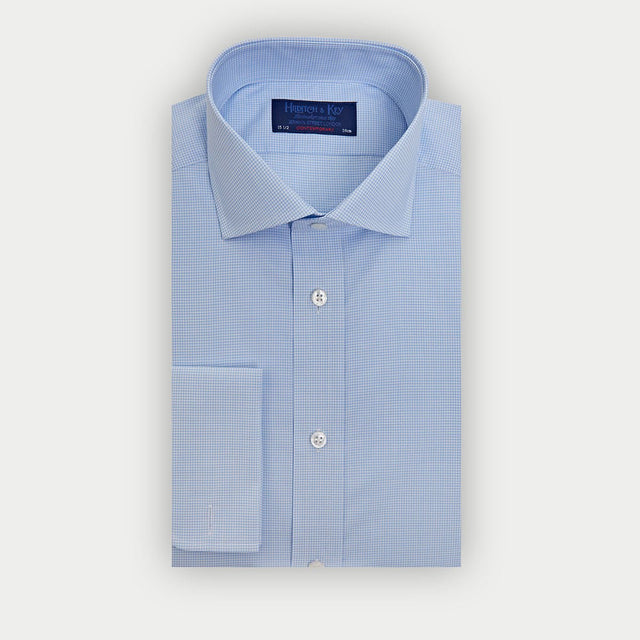 Contemporary Fit Light Blue Small Gingham Check Cotton Shirt with Cut-Away Collar & Double Cuff