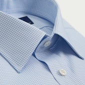 Contemporary Fit Light Small Gingham Check Twill Cotton Shirt With Classic Collar Two Button Cuff