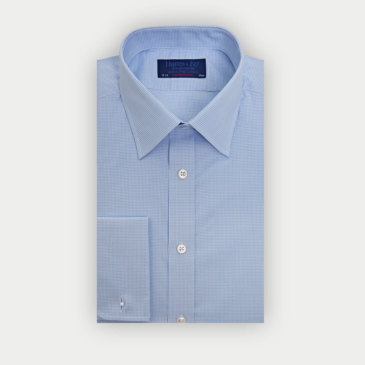 Contemporary Fit Light Small Gingham Cotton Shirt With Classic Collar Double Cuff