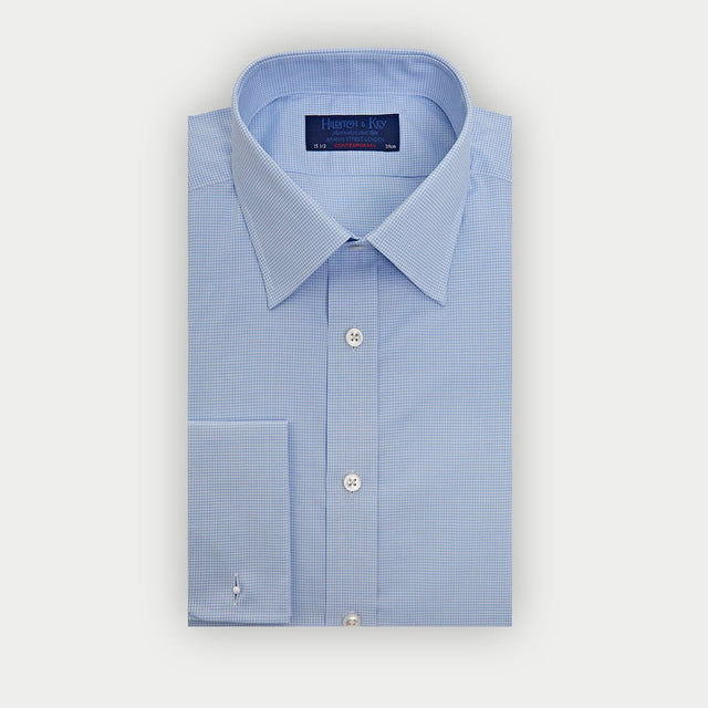 Contemporary Fit Light Blue Small Gingham Cotton Shirt with Classic Collar & Double Cuff