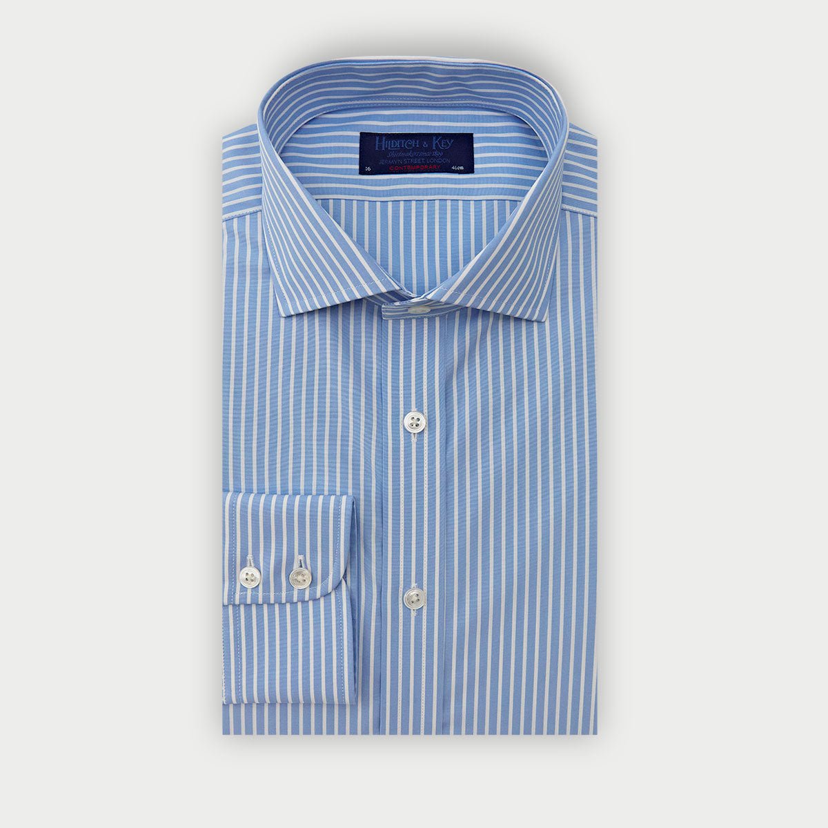 Contemporary Fit Light White Stripe Cotton Shirt With Cut Away Collar Two Button Cuff