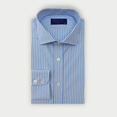 Contemporary Fit Light Blue & White Stripe Cotton Shirt with Cut-Away Collar & Two Button Cuff