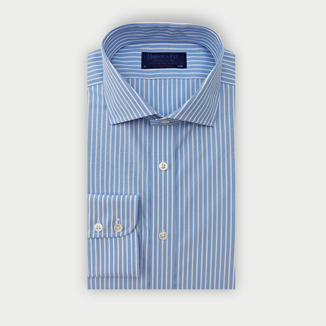 Contemporary Fit Light Blue & White Stripe Cotton Shirt with Cut-Away Collar & Two Button Cuff