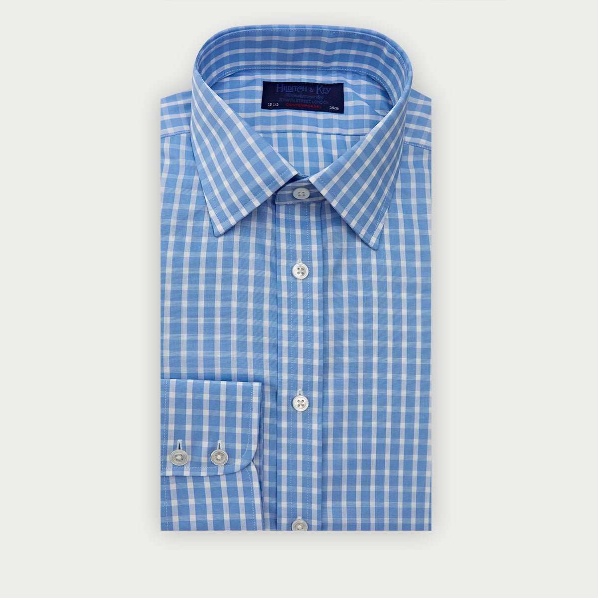 Contemporary Fit Light White Wide Check Cotton Shirt With Classic Collar Two Button Cuff