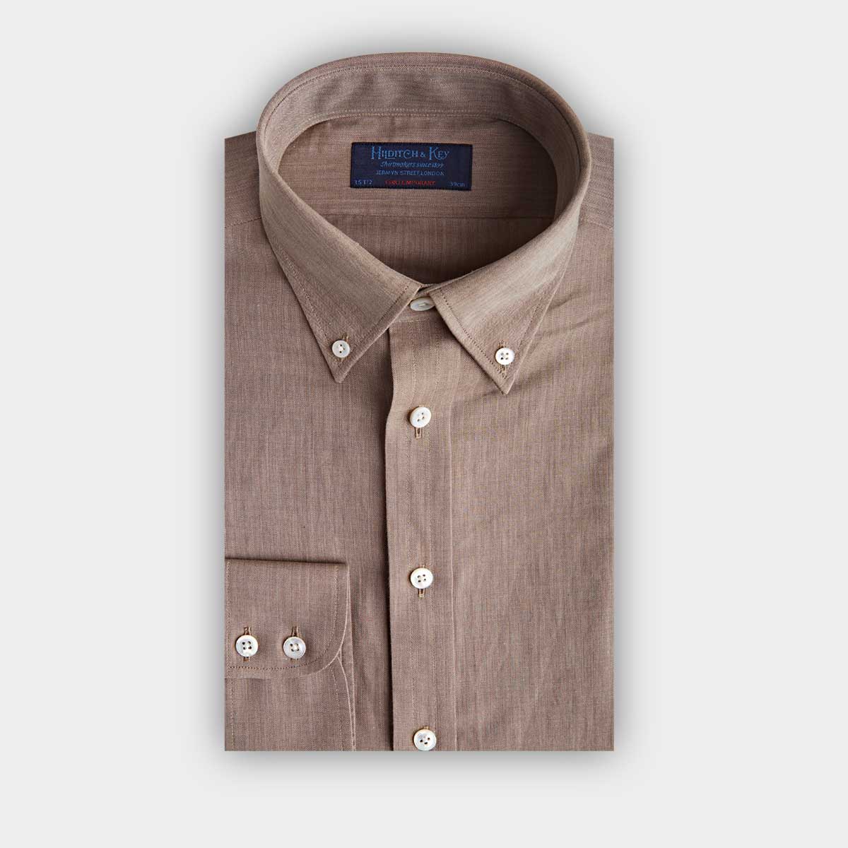 Contemporary Fit Light Brown Small Herringbone Brushed Cotton Shirt With Button Down Collar Two Button Cuff