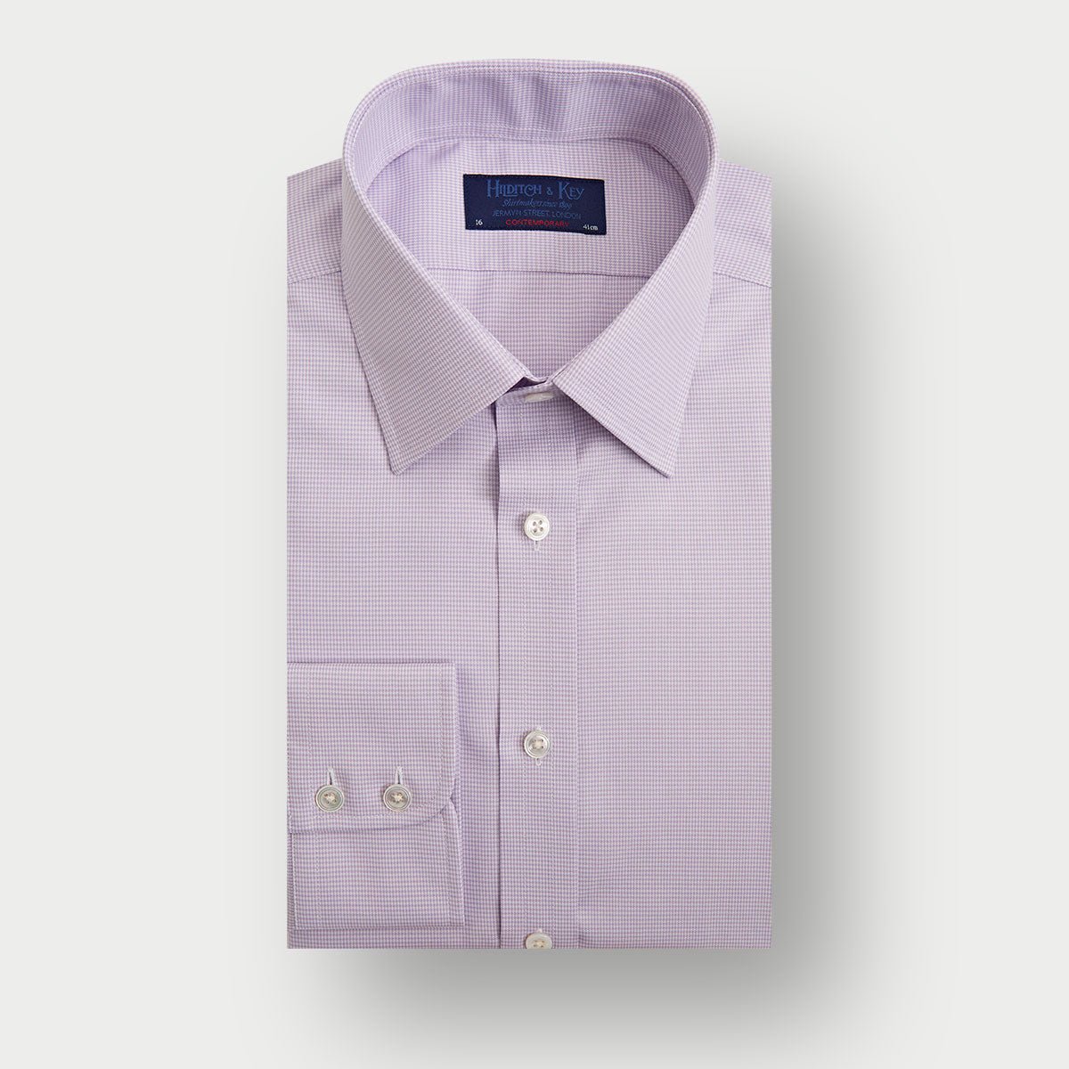 Contemporary Fit Lilac Micro Houndstooth Cotton Shirt With Classic Collar Two Button Cuff