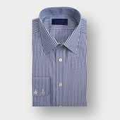 Contemporary Fit Navy Bengal Stripe Cotton Shirt with Classic Collar & Two Button Cuff