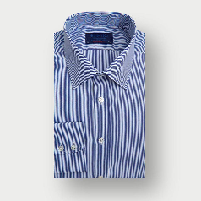 Contemporary Fit Navy Fine Bengal Stripe Cotton Shirt with Classic Collar & Two Button Cuff