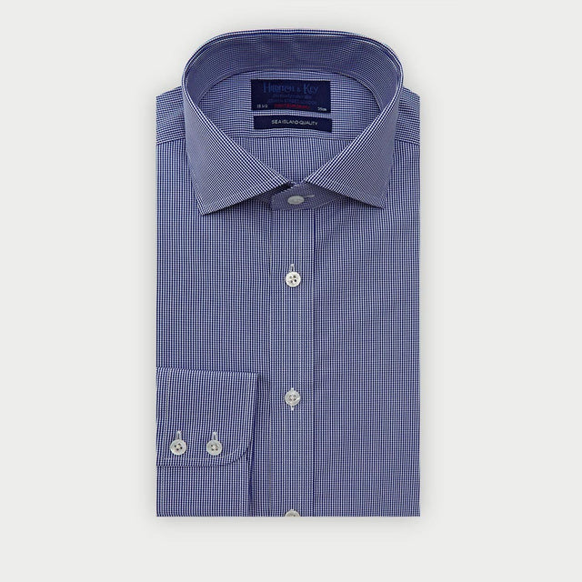 Contemporary Fit Navy Fine Check Sea Island Quality Cotton Shirt with Cut-Away Collar & Two Button Cuff