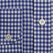 Contemporary Fit Dark Blue Gingham Check Cotton Twill Shirt With Classic Collar Two Button Cuff