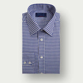 Contemporary Fit Dark Blue Gingham Check Cotton Twill Shirt with Classic Collar & Two Button Cuff