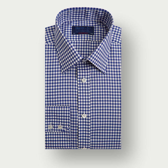 Contemporary Fit Dark Blue Gingham Check Cotton Twill Shirt with Classic Collar & Two Button Cuff