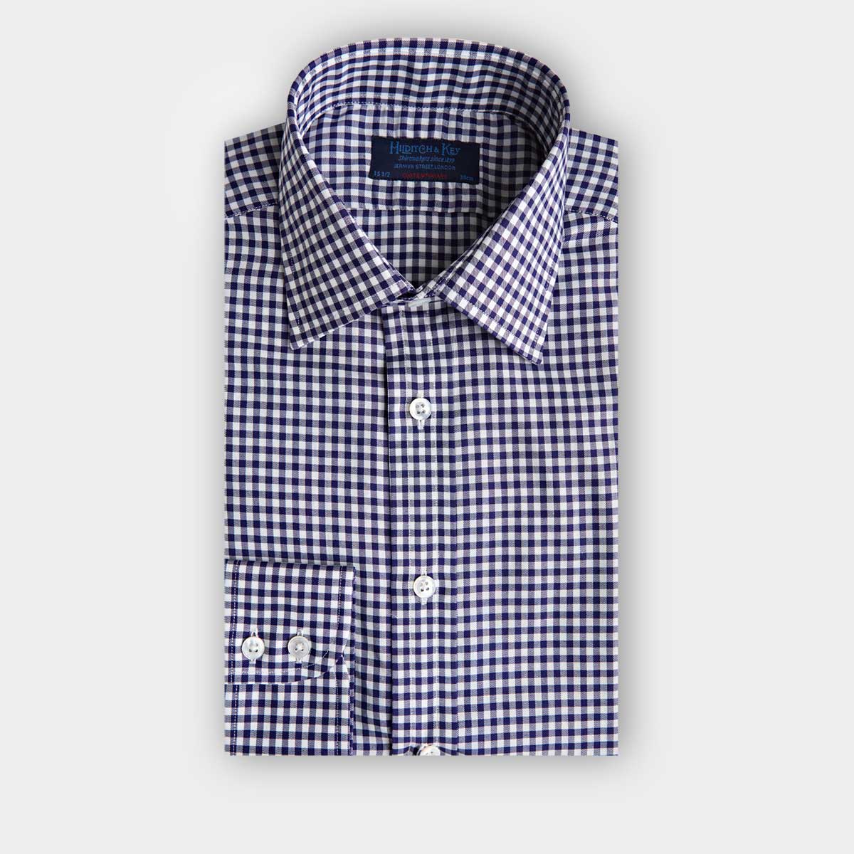 Contemporary Fit Gingham Check Cotton Twill Shirt With Classic Collar Two Button Cuff