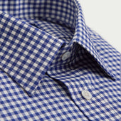 Contemporary Fit Dark Blue Gingham Check Cotton Twill Shirt With Classic Collar Two Button Cuff