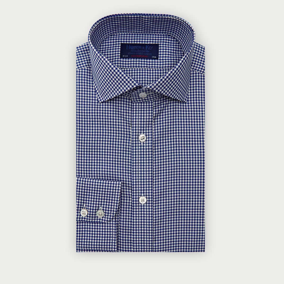 Contemporary Fit Gingham Check Oxford Cotton Shirt With Cut Away Collar Two Button Cuff