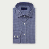 Contemporary Fit Navy Gingham Check Oxford Cotton Shirt with Cut-Away Collar & Two Button Cuff