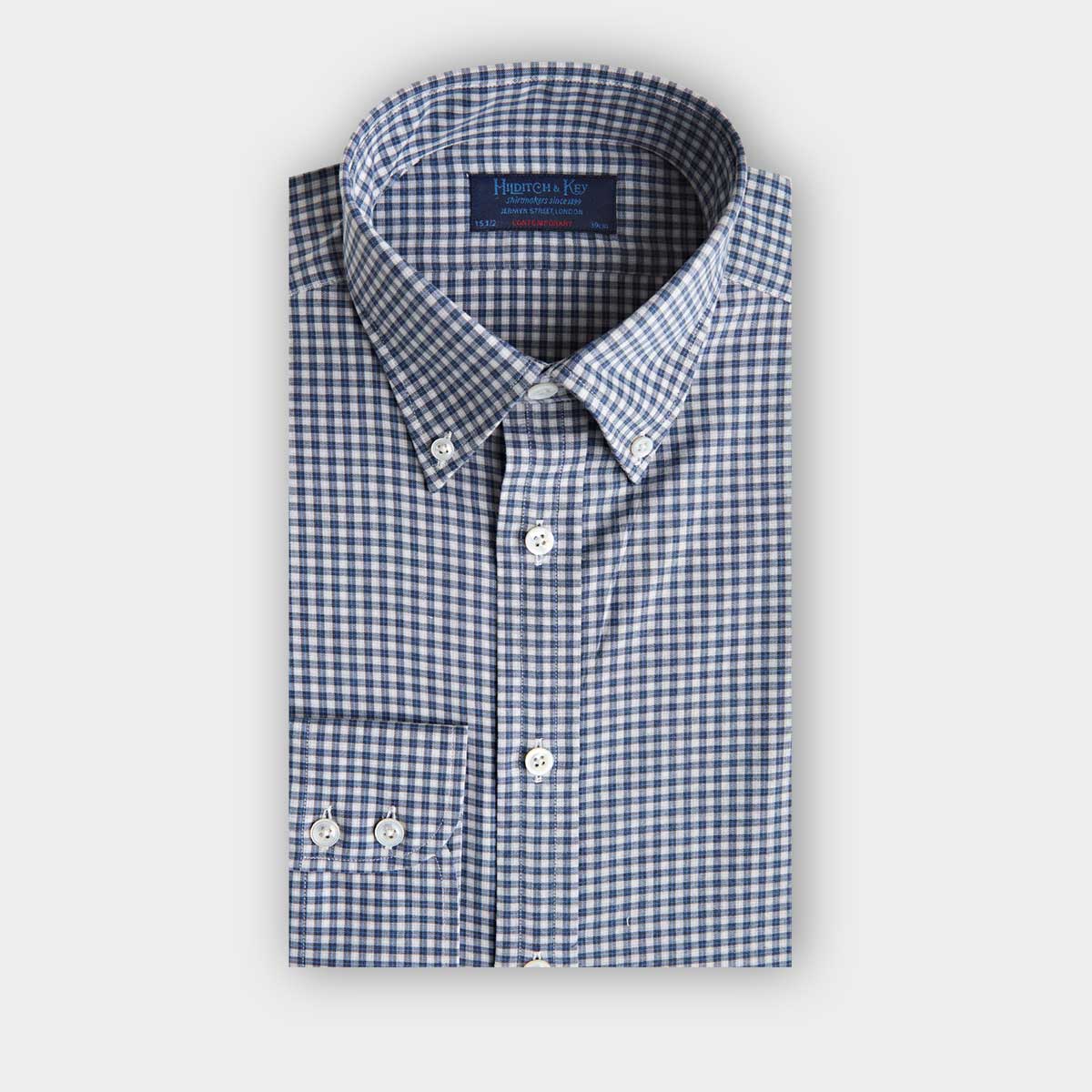Contemporary Fit Grid Check Brushed Cotton Shirt With Button Down Collar Two Button Cuff