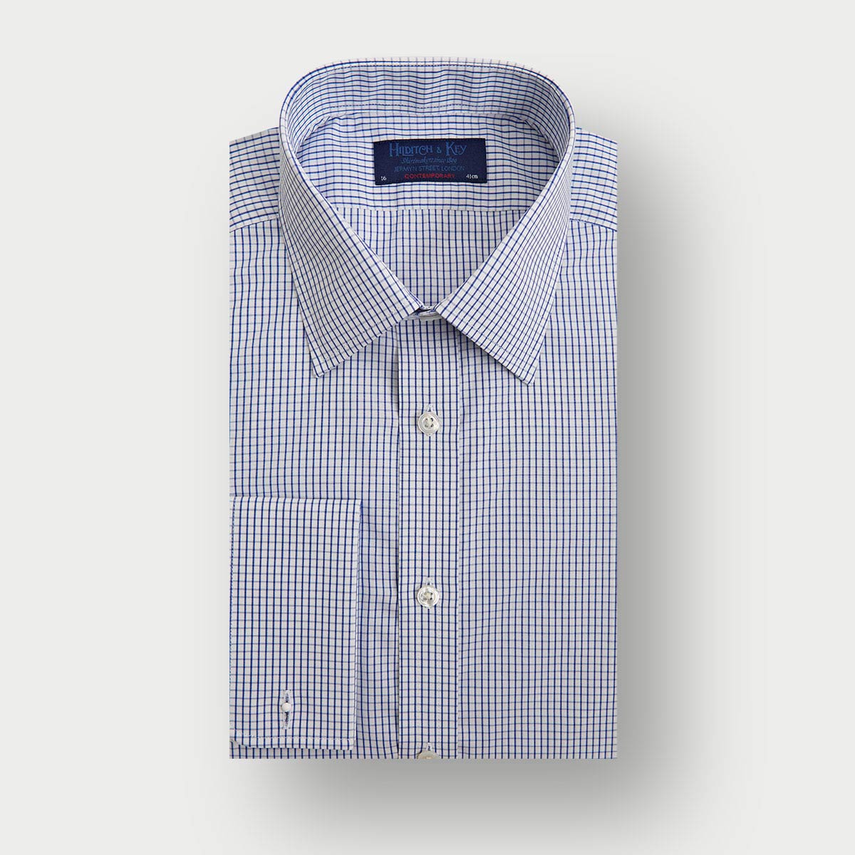 Contemporary Fit Grid Check Cotton Shirt With Classic Collar Double Cuff