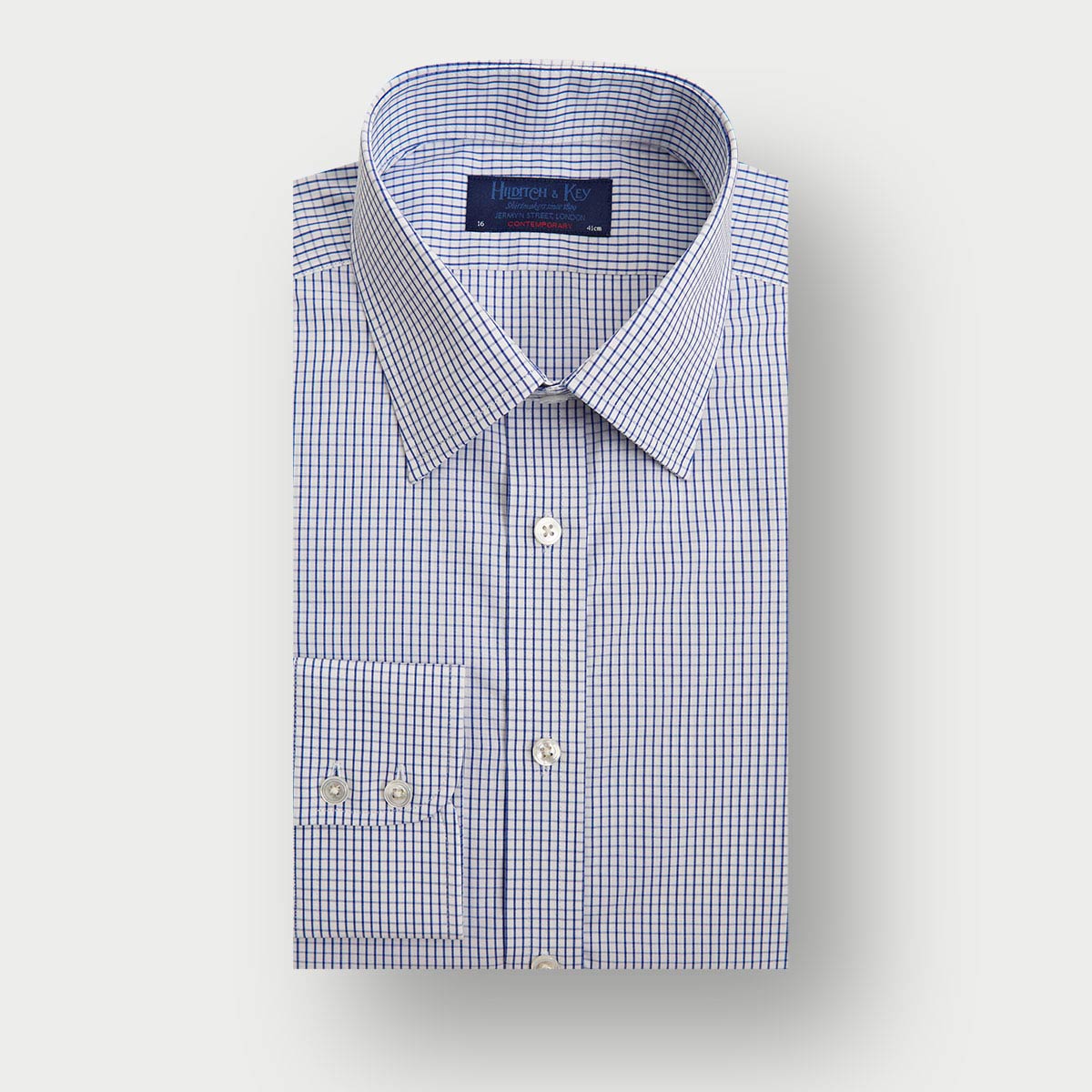 Contemporary Fit Grid Check Cotton Shirt With Classic Collar Two Button Cuff