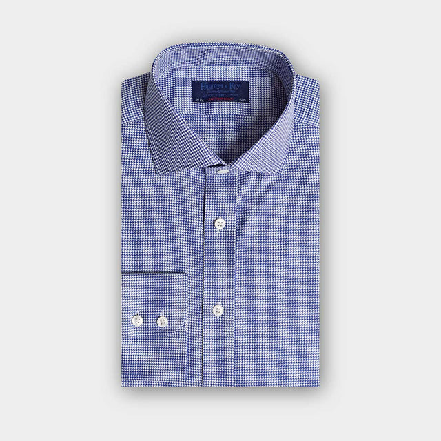 Contemporary Fit Navy Houndstooth Cotton Shirt with Cut-Away Collar & Two Button Cuff