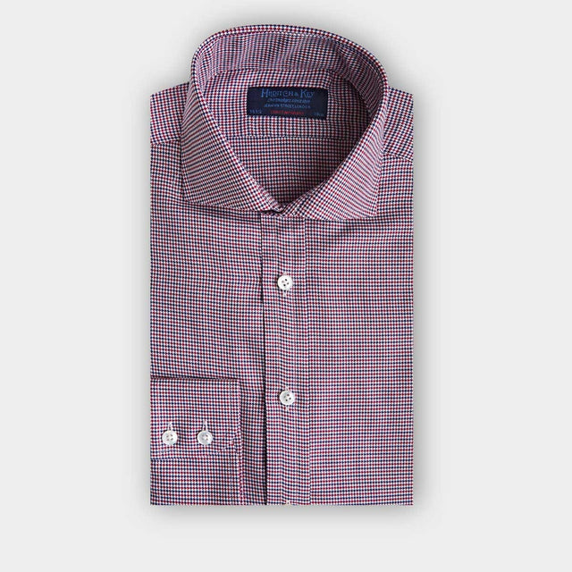 Contemporary Fit Navy & Wine Micro Houndstooth Cotton Shirt with Cut-away Collar & Two Button Cuff