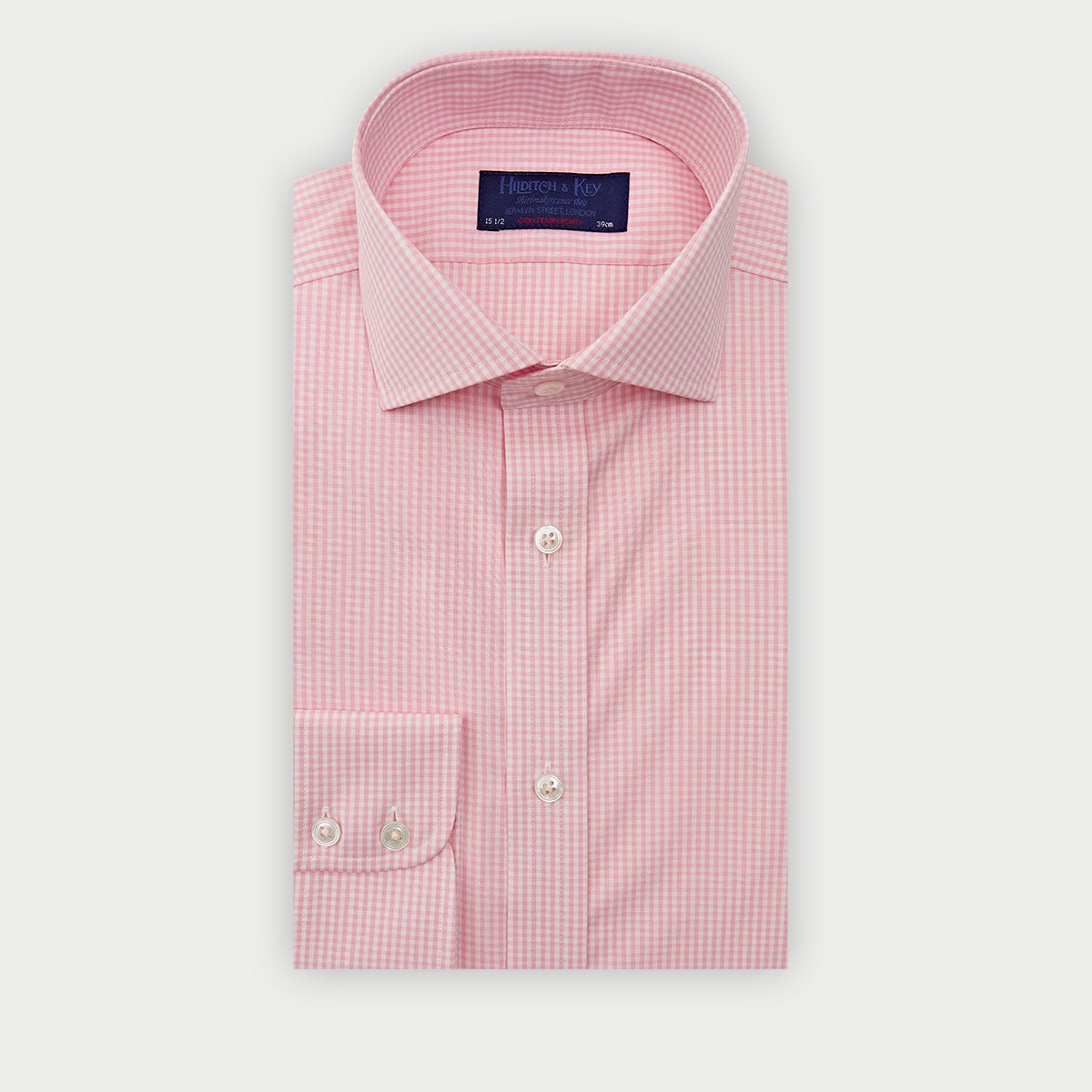 Contemporary Fit Pink Gingham Check Cotton Shirt With Cut Away Collar Two Button Cuff