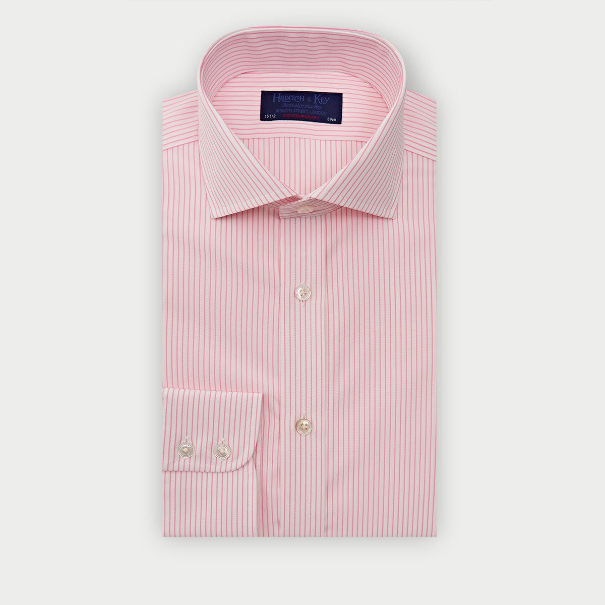 Contemporary Fit Pink Pinstripe Cotton Shirt With Cut Away Collar Two Button Cuff