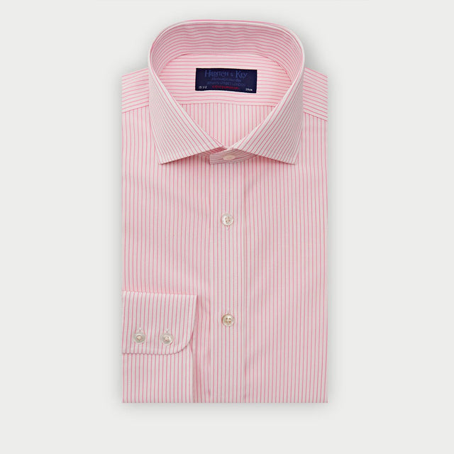 Contemporary Fit Pink Pinstripe Cotton Shirt with Cut-Away Collar & Two Button Cuff