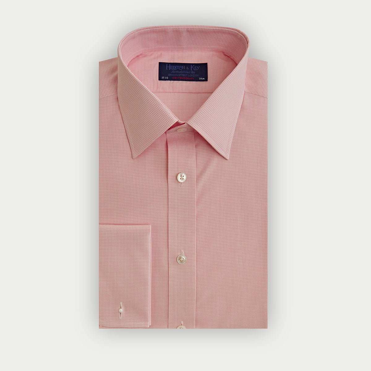 Contemporary Fit Pink Small Gingham Check Cotton Shirt With Classic Collar Double Cuff