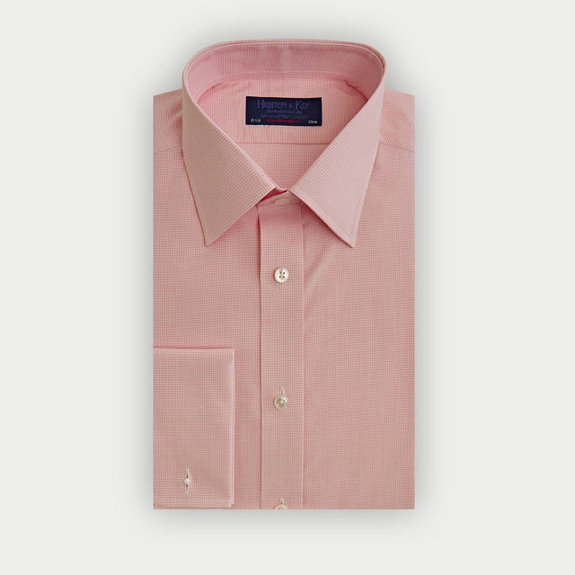 Contemporary Fit Pink Small Gingham Check Cotton Shirt With Classic Collar Double Cuff