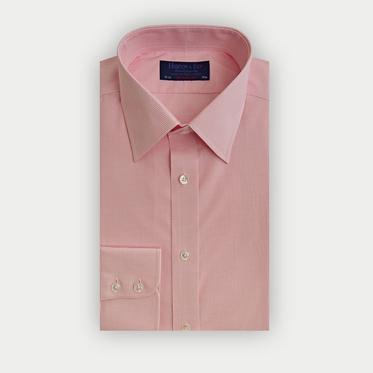 Contemporary Fit Pink Small Gingham Check Cotton Shirt With Classic Collar Two Button Cuff