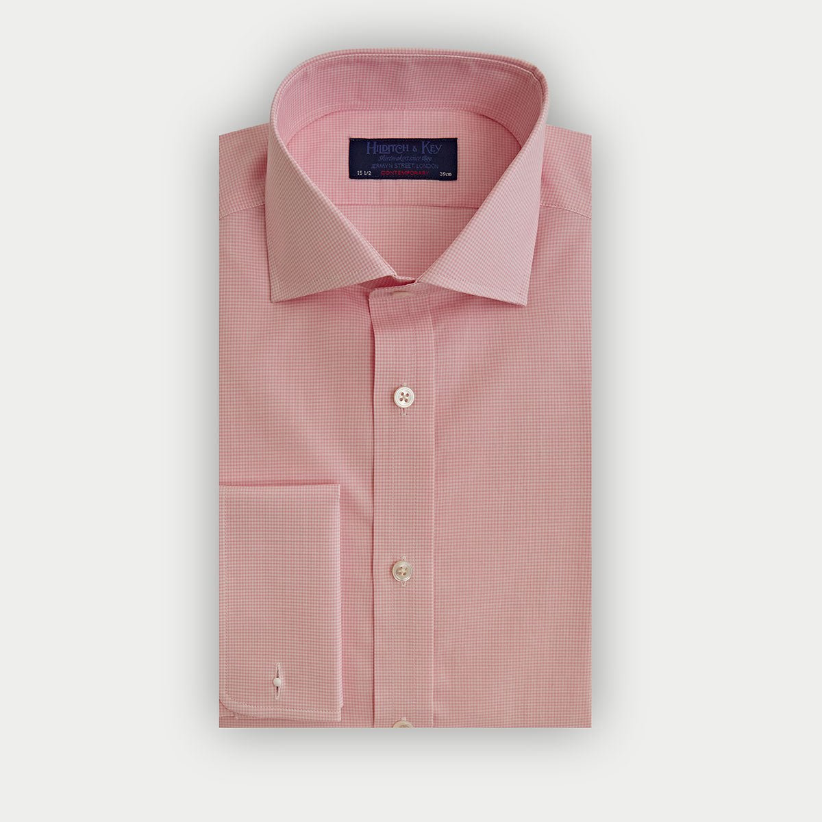 Contemporary Fit Pink Small Gingham Check Cotton Shirt With Cut Away Collar Double Cuff