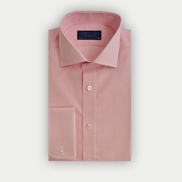 Contemporary Fit Pink Small Gingham Check Cotton Shirt With Cut Away Collar Double Cuff