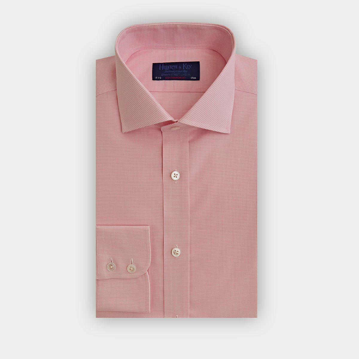 Contemporary Fit Pink Small Gingham Check Cotton Shirt With Cut Away Collar Two Button Cuff