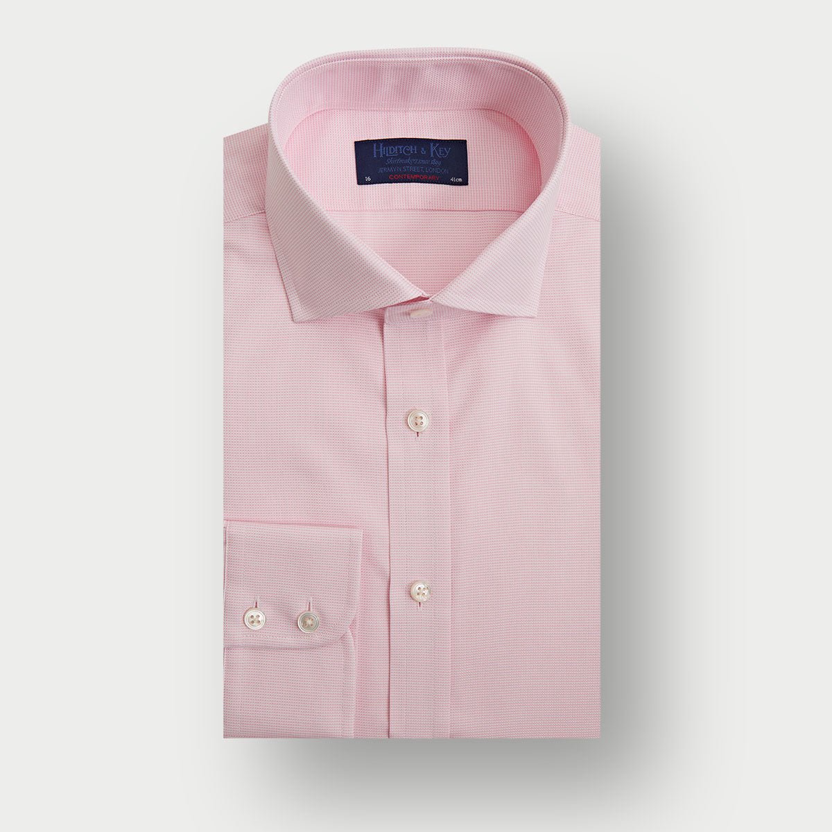 Contemporary Fit Pink Textured Check Cotton Shirt With Cut Away Collar Two Button Cuff