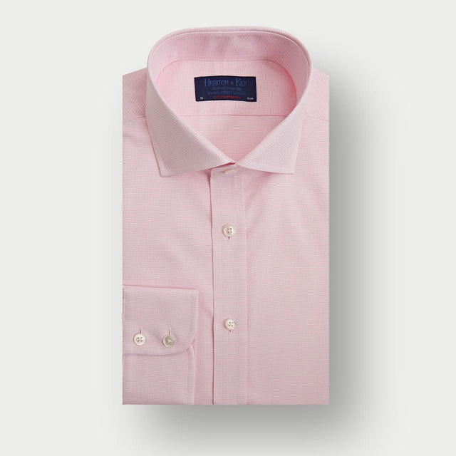 Contemporary Fit Pink Textured Check Cotton Shirt with Cut-Away Collar & Two Button Cuff