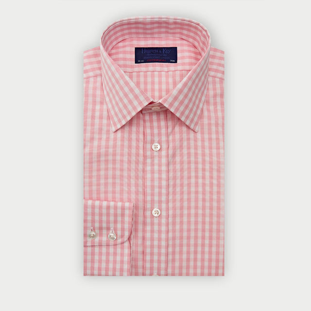 Contemporary Fit Pink Wide Gingham Check Cotton Shirt with Classic Collar & Two Button Cuff
