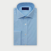 Contemporary Fit Plain Blue Cotton Poplin Shirt with Cut-Away Collar & Double Cuff